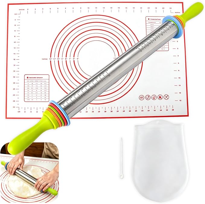 3-in-1 Adjustable Rolling Pin with Handle | 4 thickness rings (2-10mm) | Includes mat & kneading bag | Ergonomic 304 steel | Dishwasher safe | For pizza, pastry, cookies