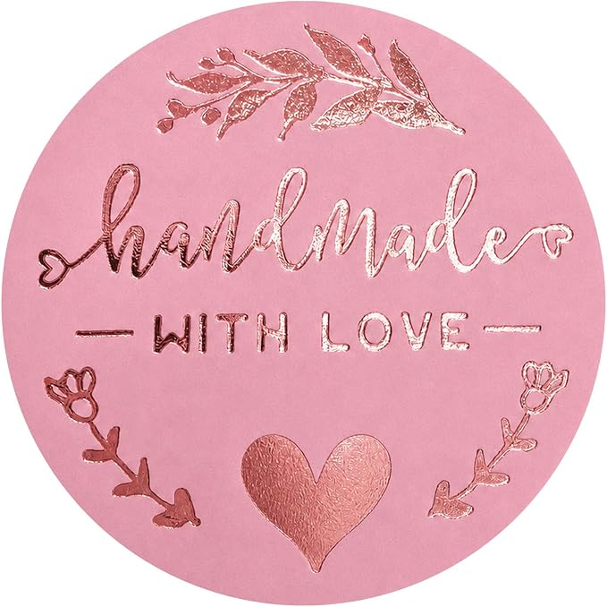 100PCS Handmade with Love Stickers, Rose Gold Foil Labels for Small Business Packaging, Bakery Cookies, Gift Wrapping, Candy Table, Wedding Baby Shower Party Favor Stickers.1.6 inch (Pink+Rose Gold)
