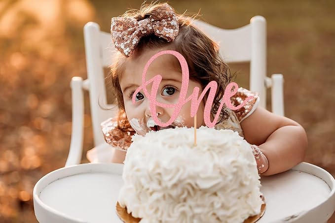 MYAMPED First Birthday Cake Topper - Glitter Pink 'One' Sign, Suitable for Shower Favors, Gender Reveal, Party or Photo Booth Props