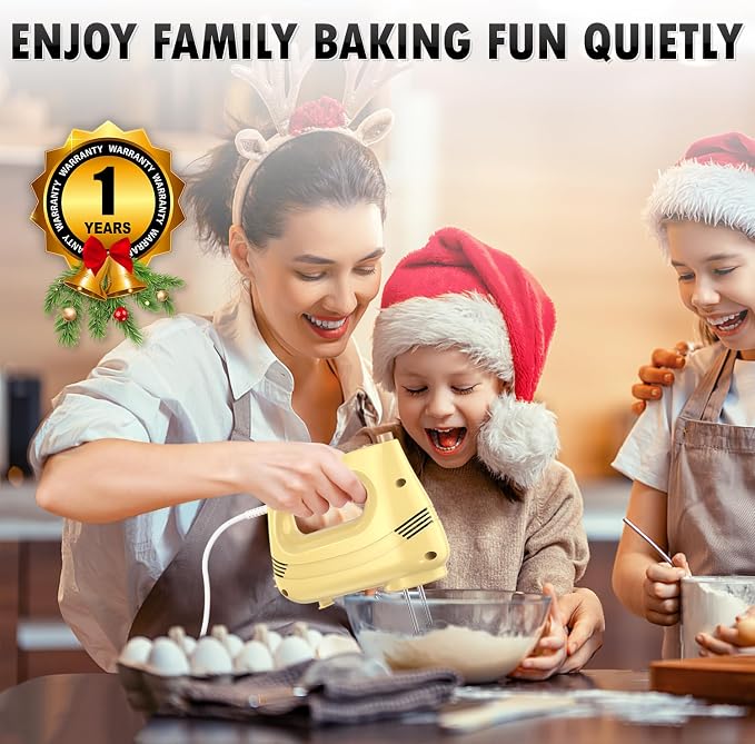 GUALIU Electric Hand Mixer with Stainless Steel Whisk, Dough Hook Attachment and Storage Bag, Handheld Mixer for Baking Cakes, Eggs, Cream Food Mixers. Turbo Boost /5 Speed Kitchen Blender Yellow