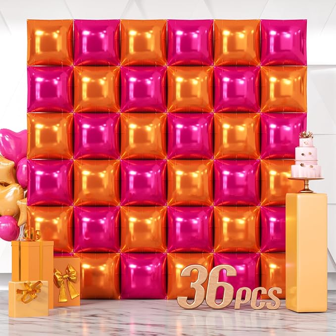NISOCY 36PCS Rose Red and Orange Square Foil Balloons Wall Backdrop Double Sided Rose Red Orange Balloon Arch Kit for Birthday Baby Shower Valentine's Day Wedding Tropical Party Decorations