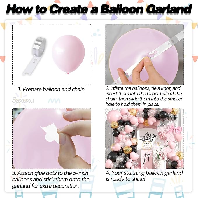 Pink and Black Balloon Arch Kit, Black Pink Balloons Garland Arch Kit, Macaron Heart Latex Balloons, Gold Silver Confetti Balloon For Girl Women Birthday Valentine's Day Mother's Day Party Wedding