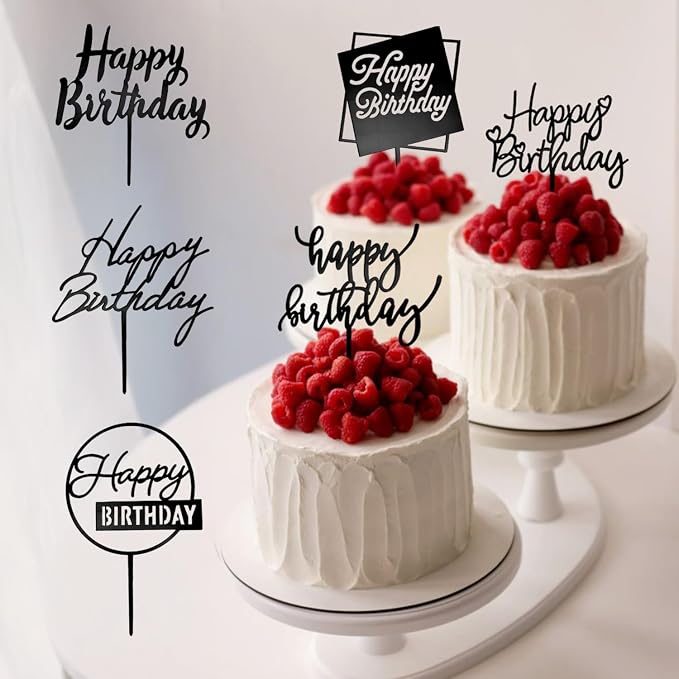6 Pcs Black Happy Birthday Cake Toppers, 5" x 6.5" Acrylic Cake Decoration for Birthday Party