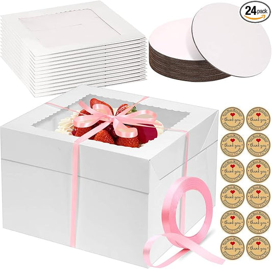 24 Pcs Cake Boxes 12 inch with 12x12x8 Inches 12Pcs Tall Cake Box,10Pcs Cake Board, Stiker &Ribbon, Large Baking Boxes, Square Cardboard Cake Boxes for Multi-Layer Cakes