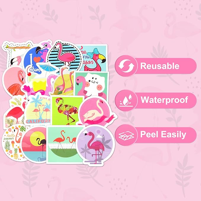 50 Pcs Flamingo Stickers for Kids Girls Water Bottles Laptops Scrapbook Decoration Party Favors Classroom Rewards Tropical Summer Pink Beach Waterproof Vinyl Decals