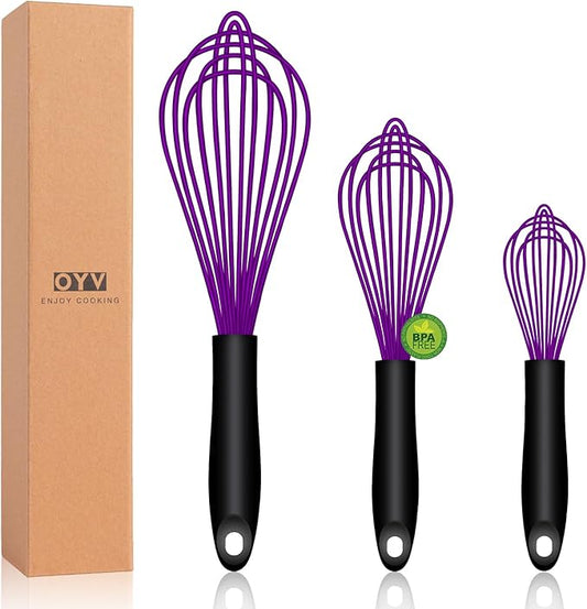 OYV Dishwasher Safe Purple Silicone Whisk, Sealed Waterproof Design Set of 3, Professional Kitchen Whisks for Cooking Non-Scratch, Silicone & Stainless Steel Whisk, Heat Resistant Balloon Egg Beater
