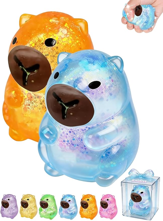 Capybara Squishy Glitter Animal Squeeze Balls Cute Capybara Stress Ball Anxiety Relief Slow Rise Adult Sensory Fidget Tool Gift Sparkling Desk Decor Collectibles Decompression Dough(2pcs Set5)