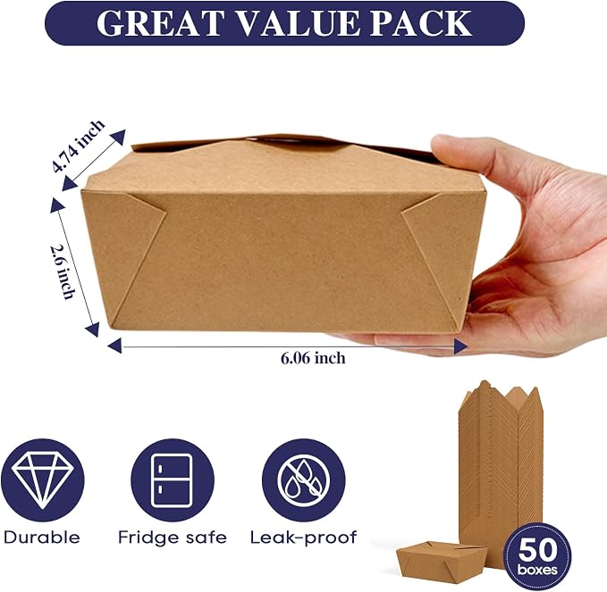 LITOPAK 50 Pack 45 oz To Go Food Containers, Kraft Brown Take Out Food Containers Leak Grease Resistant and Stackable for Restaurants, Homes, Offices, Picnics