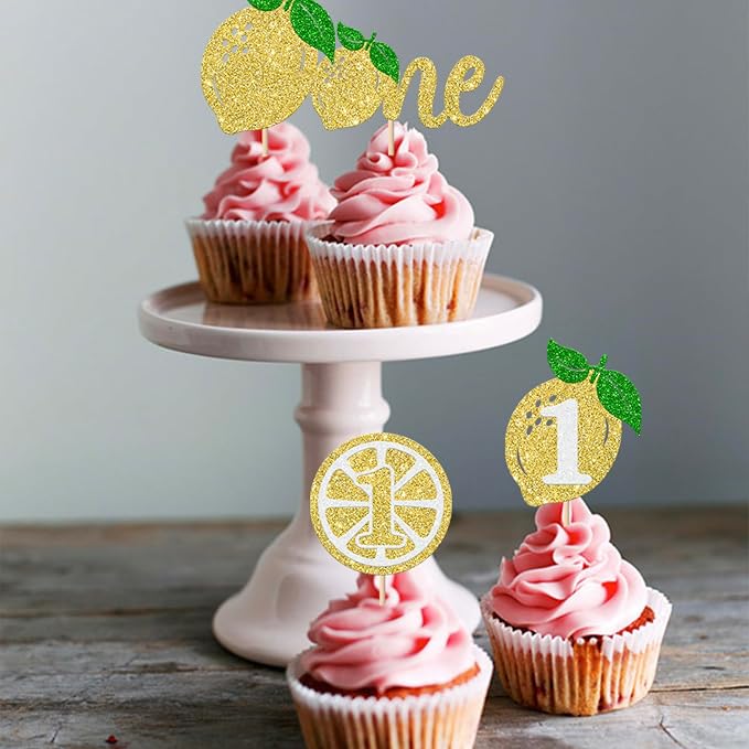 Rsstarxi 24 Pack Lemon One Cupcake Toppers Glitter Happy 1st Birthday Cupcake Picks for Baby Shower Happy First Birthday Party Cake Decorations Supplies