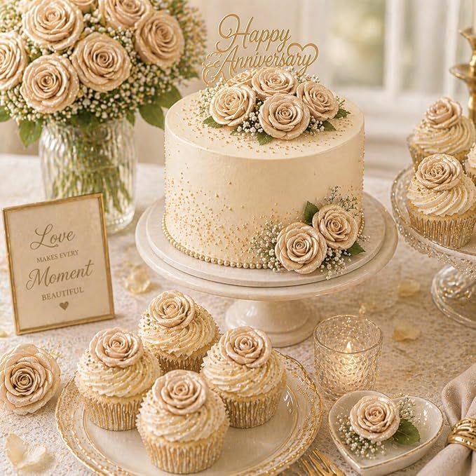 Confect Metallic Edible Champagne Gold Roses | Christmas Cupcake Toppers | Edible Flower For Cake Decorating | Pack Of 12 Edible Metallic Sugar Flowers for Cake Decorating