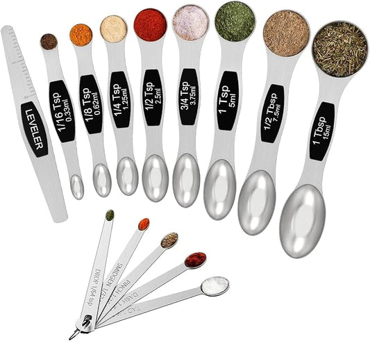 Wildone Stainless Steel Magnetic Measuring Spoons with Strong Magnets, 14pc | Including 8 Double Sided Magnetic Measuring Spoons, Leveler and 5 Mini Spoons for Spice Jar and Liquid Measuring, Black