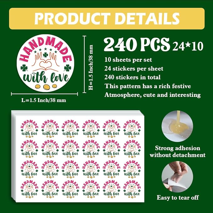 240 PCS Handmade with Love Stickers,Shamrock Small Business Packaging Sticker for Envelopes Shipping Boxes Gift Packaging