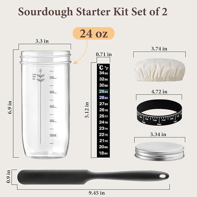Glass Sourdough Starter Jar 2 Pack, 24 oz Wide Mouth Organic Sourdough Starter Kit with Date Marked Band, Thermometer, Cloth Cover & Metal Lid, Reusable Bread Baking Supplies, Bread Making Accessories