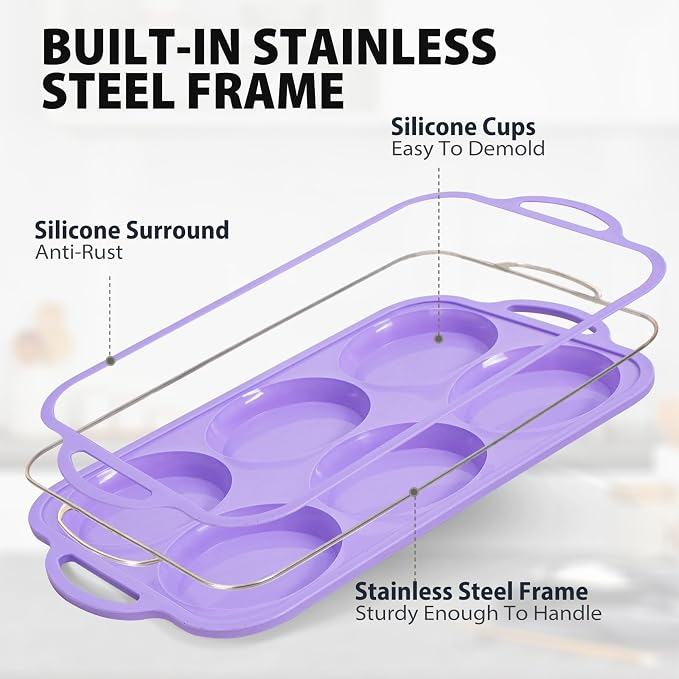 4 Inch Jumbo Silicone Muffin Top Pan with Metal Frame, Non Stick Silicone Egg Mold for Oven, Large Whoopie Pie Baking Pan with Handle for English Breakfast Sandwich, Egg Bite, Bun Tart, Purple
