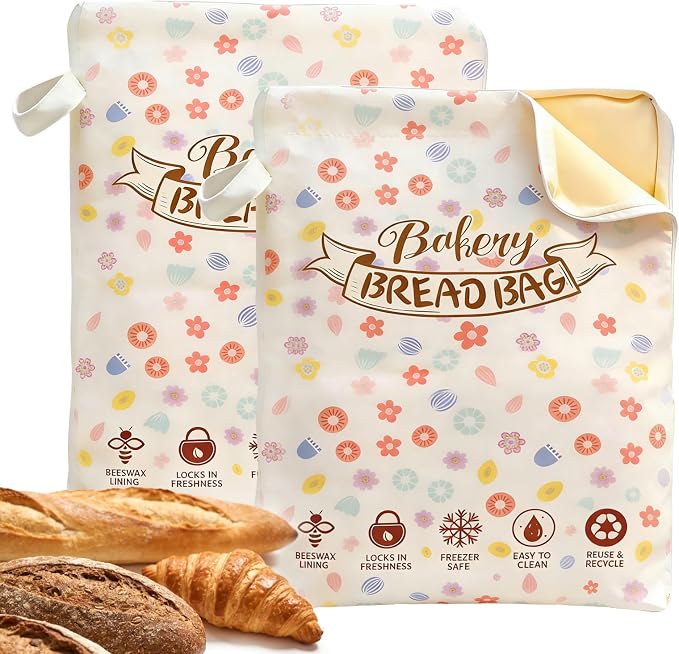 2 Pack Beeswax Bread Bags for Sourdough Homemade Bread, Organic Linen Reusable Natural Bread Storage Bag, Keep Fresh Moisture, Freezer-Friendly, Large Capacity Food Storage Cloth Bag