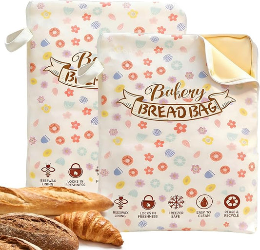 2 Pack Beeswax Bread Bags for Sourdough Homemade Bread, Organic Linen Reusable Natural Bread Storage Bag, Keep Fresh Moisture, Freezer-Friendly, Large Capacity Food Storage Cloth Bag