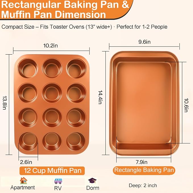 Baking Pans Set 6-Pieces, Non Stick Bakeware Sets Stackable, with Rectangular Baking Pan, Muffin Pan, Round/Square Cake Pan, Loaf Pan, Cooling Rack, Oven Mitt for Home Baker, Gold
