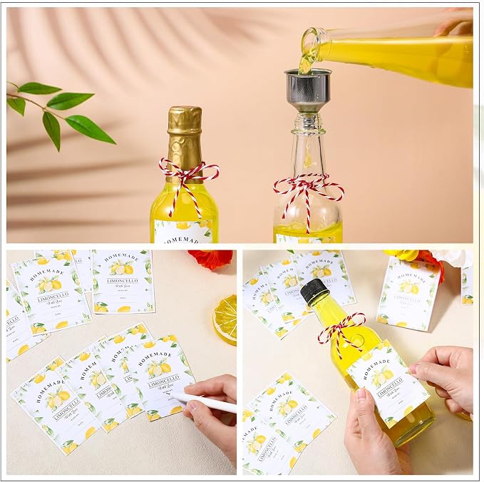 Reallnaive 12 Sets Limoncello Glass Bottles Sets 8 oz Clear Glass Bottles for Limoncello Homemade with Tags and Twine and Funnel for Home Brewing Wedding Baby Shower Party Favors