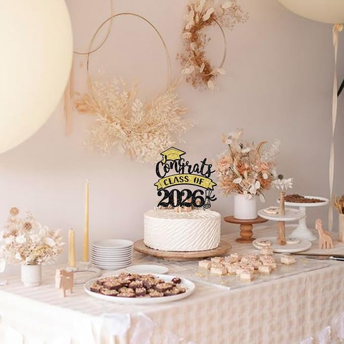1 Pack Congrats Class of 2026 Cake Topper with Gold Black Glitter Diploma Graduation Cap Cake Pick Contrats Class of 2026 Cake Decorations for 2026 Graduation Theme High School Boys Girls