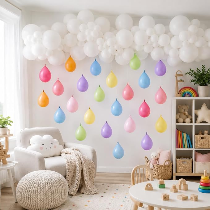 243 Pcs Cloud Balloon Garland Kit, Pastel Rainbow Raindrop Balloons with White Cloud, 5 10 12 Inch Macaron Latex Balloons for Baby Shower Birthday Classroom Rainbow Party Decorations