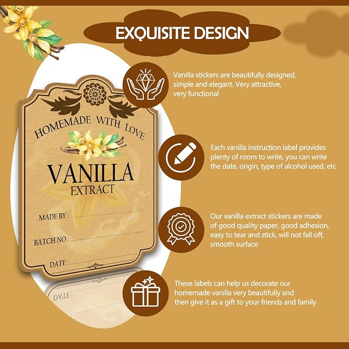 15PCS Vanilla Extract Labels, Holiday Gift Stickers Homemade Vanilla Stickers, Vintage Vanilla Extract Labels for 2 oz,4 oz Bottles (2.2inch X 1.5inch)