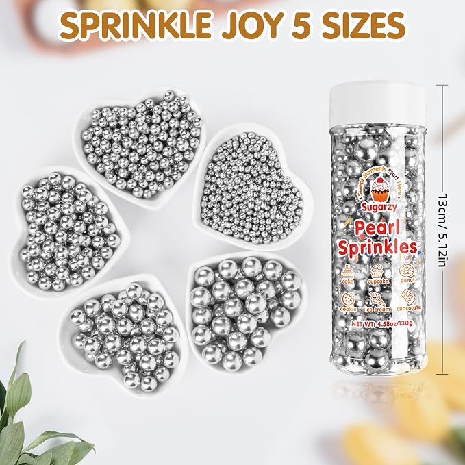 Silver Pearl Sprinkles,Edible Pearl Sugar Sprinkle for Cake Decorating,130g/4.58oz Mix Size,Festival Baking Edible Cake Decorations,Cupcake Toppers,Cookie Decorating Donuts Ice Cream Toppings,Wedding Birthday Party Supplies