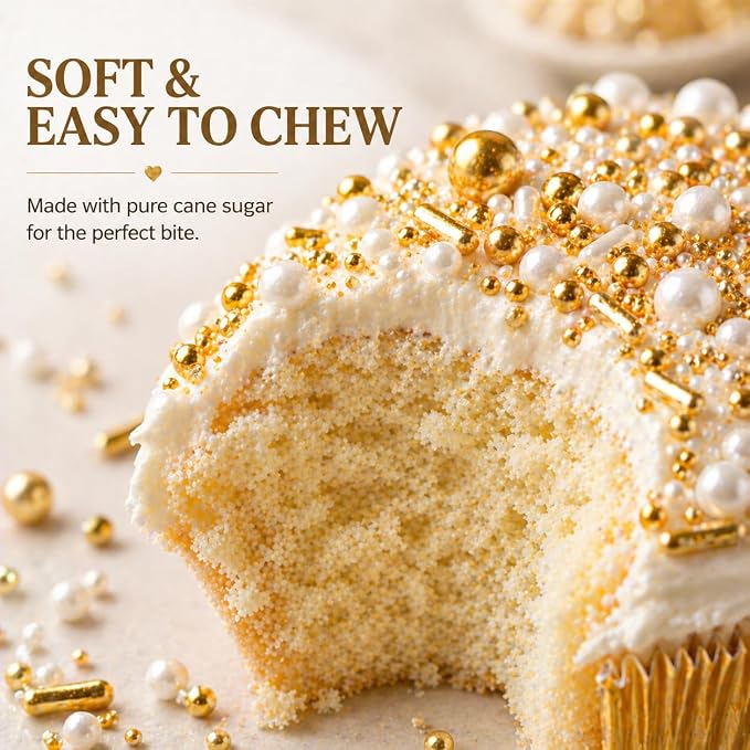Confect Pearl Sprinkles | Christmas | Golden Sunshine Disco Ball Mashup Mix Champagne Gold Dragees Golden Sparkling Sugar - Vegan, Gluten-Free, Nut-Free, Soy-Free, Dairy-Free, Palm Oil-Free, No Artificial Dyes - 5 Oz