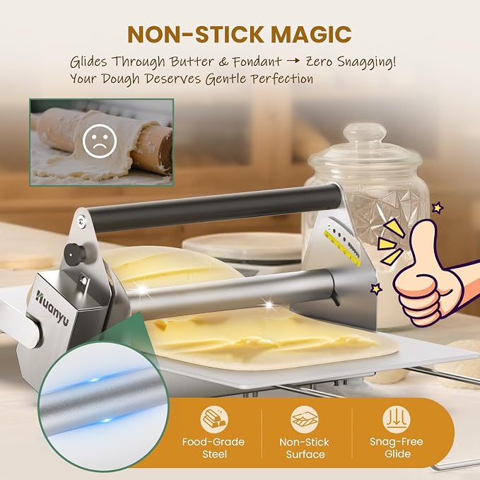 Huanyu Manual Dough Sheeter 12”, 10 Adjustable Thickness 0.1mm-17.5mm, Tool-Free Assembly, for Home Bakers & Small Bakeries, Croissant, Pizza, Pasta, Fondant
