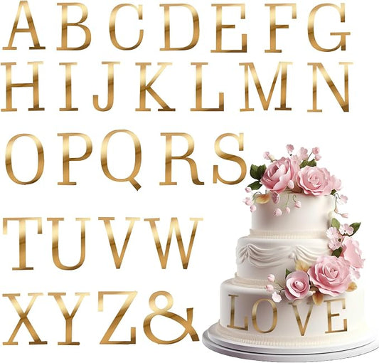 27 Pcs Acrylic Cake Toppers, Gold Cake Letters Topper, DIY Custom Cake Topper, Personalized A-Z Alphabet Decoration for Cake, Name Cupcake Toppers for Wedding Anniversary Baby Shower Birthday Party