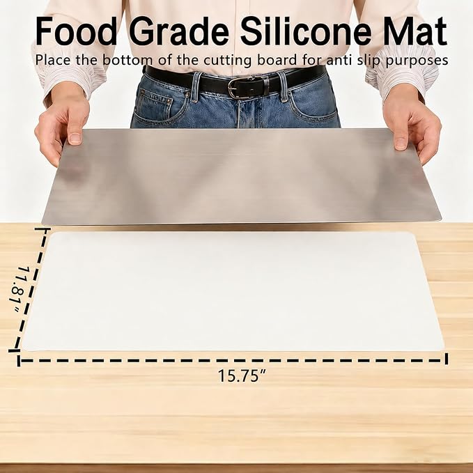 Large Stainless Steel Cutting Board with Lip for Kitchen, Chopping Boards with White Non-slip Mat, Cutting Board with Counter Lip for Meat, Fruits, Vegetables, Bread,Dough(15.7" × 11.8")