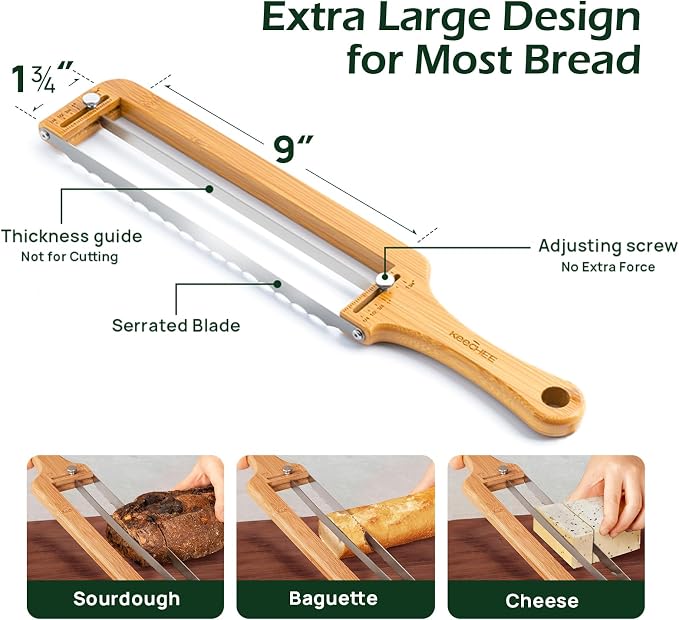 Keechee Adjustable Bread Slicer for Homemade Bread – Sourdough Bread Knife with Thickness Guide & Serrated Stainless Blade, Manual Bow Cutter for Bagels and Baguettes, Gift for Baker, Ambidextrous Use