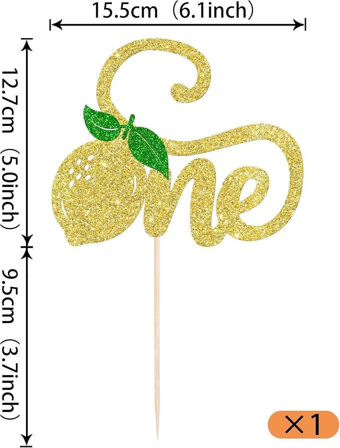 Rsstarxi 1 Pack One Lemon Cake Topper Glitter Happy 1st Birthday Cake Pick for Baby Shower First Birthday Party Cake Decorations Supplies
