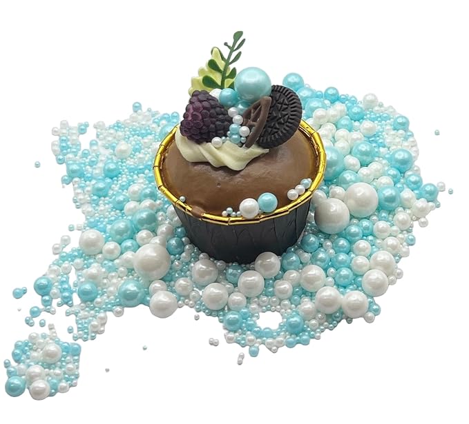 SE Si&Moos Baby Blue and White Pearl Sprinkles for Cake Decorating White Edible Pearl Cake Decorations Light Blue Sprinkles for Cake, Cupcake, Baby Shower Birthday Party Holiday Christmas Supplies 3.5 OZ