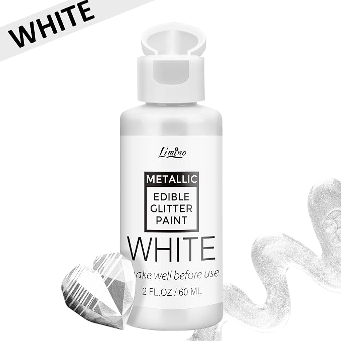 Edible Glitter Paint - 2 fl.oz Food Grade Metallic Glitter Cake Paint for Cake Decorating, Baking, Cupcakes - Shimmer Art Decorative Liquid Edible Paint Food Coloring for Fondant, Donuts (White)