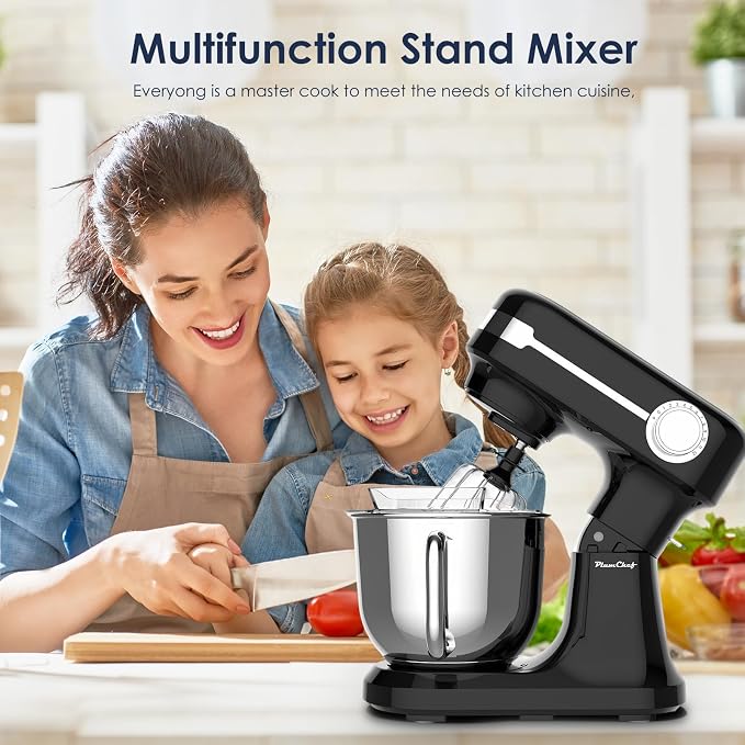 Plum chef 5.5QT Electric Stand Mixer, 12-Speed Tilt-Head Food Mixer, Dough Mixer with Dishwasher Safe Stainless Steel Bowls, Dough Hook, Flat Beater, Whisk, Perfect for 4-6 Family,Black
