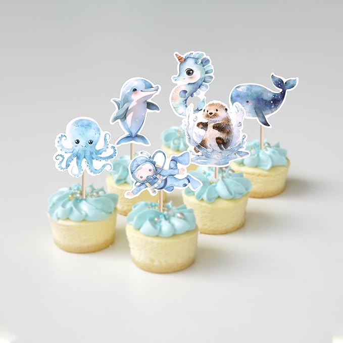 40 PCS Ocean Sea Animal Cupcake Toppers Shark Dolphin Starfish Octopus Seahorse Cupcake Picks Under the Sea Baby Shower Decorations for Under the Sea Theme Birthday Party Cake Decoration Supplies