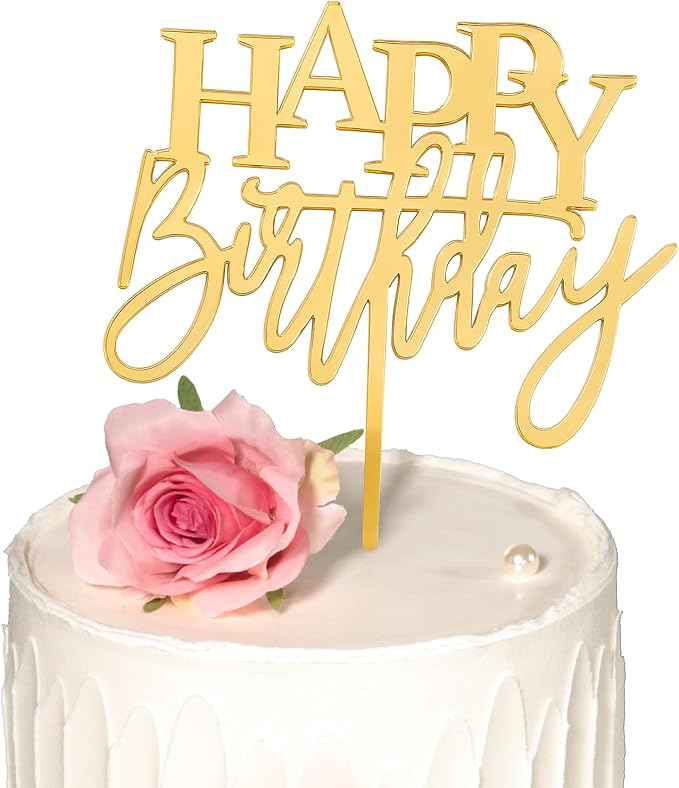 Happy Birthday Cake Topper, Acrylic 7.5" x 6", Mirror Gold | Premium 2mm Acrylic, Large size, Classic Cake Decoration, Luxurious High-Gloss Finish
