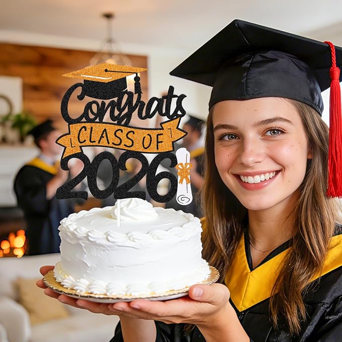 Congrats Class of 2026 Cake Topper Congrats Grad Cap Diploma Theme for High School Happy Graduation Party Supplies College Graduate Decoration (Orange)