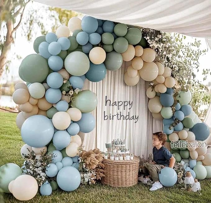 Dusty Blue Green Balloon Arch Kit Double Stuffed Pastel Light Sage Green Blue White Sand Beige Balloon Garland for Birthday Baby Shower One Silly Goose Dinosaur Wedding Ocean Party Decoration