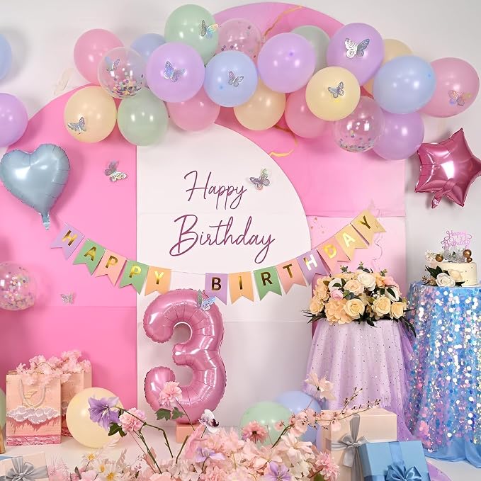 3rd Birthday Decoration for Girls,Easter Pastel Rainbow Macaron 3rd Birthday Balloon Number 3 Balloon Butterfly Stickers Star Heart Foil Balloons Banner Party Decoration for 3 Year Old