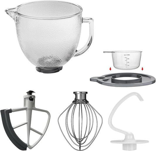 Replacement Glass Mixer Bowl with Lid and Attachments Set, 4.5-5 Qt,Compatible with Kitchenaid Tilt-Head Stand Mixers, Includes Beaters, Dough Hook, Wire Whip (Frosted color)