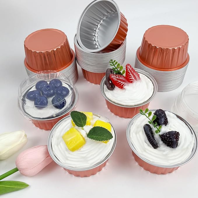 100Pcs Aluminum Cups with Lids,5oz Disposable Ramekin Baking Cups Muffin Liners Mini Pie Pans Foil Cupcake Containers for Christmas Party Wedding Party,Orange