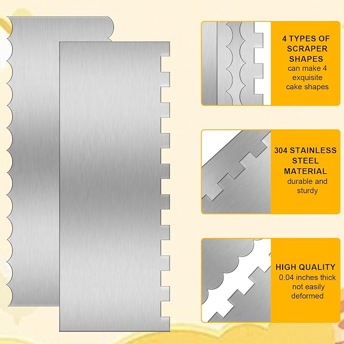9 Inch Stainless Steel Cake Scraper Set Metal Cake Scraper Large Double Sided Patterned Stripe Edge Smoother for Mousse, Cream Decoration (2)