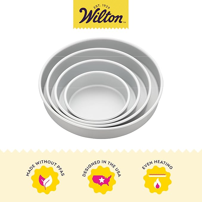 Wilton Aluminum Bakeware Round Tiered Cake Pan Set - Made from Natural Anodized Aluminum - Durable Cake Pans with Even Heat Distribution - Reduces Over-Baking - 6, 8, 10 & 12 Inch (Pack of 4)