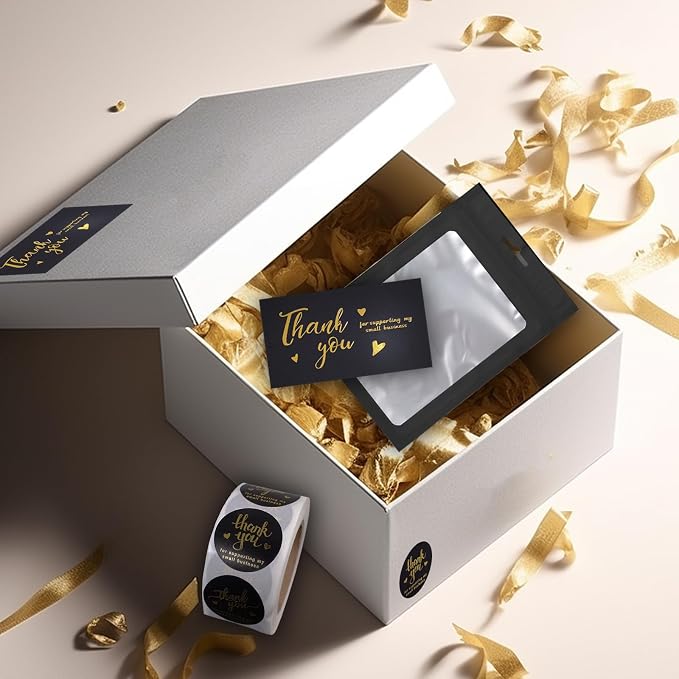 620pcs Thank You Business Cards & Stickers Set - Gold Foil, 100 Cards, 500 Stickers, 20 Resealable Bags (Black)