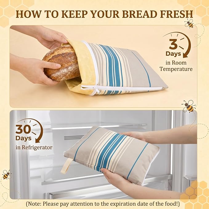 2 Pack XL Beeswax Bread Bags for Sourdough, Organic Beeswax Linen Cotton Bread Storage Bags with Bowl Cover & Cleaning Sponge Set, Fresh Bread Freezer Bags with Sealing Zip for Homesteading