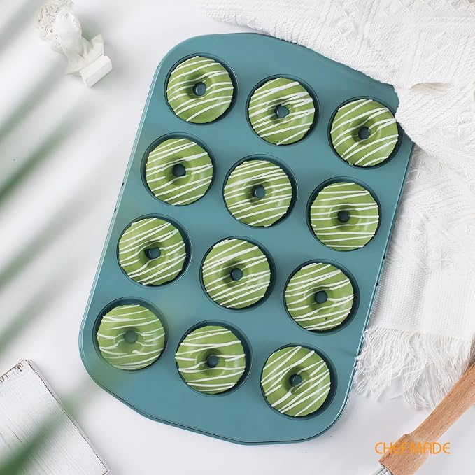 CHEFMADE Mini Donut Pan, Nonstick 12-Cavity Carbon Steel for Baking | Ring Donut Pan for Baking, Bagel Pan Bakeware. Nonstick steel, even heat to 428°F. PTFE/PFOA free. Easy clean (Green)