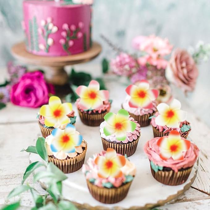 40Pcs Edible Frangipani Cupcake Toppers Edible Summer Hawaii Flowers Cupcake Picks for Hawaiian Floral Bridal Shower Engagement Wedding Cake Decors Hawaii Girls Birthday Party Decorations