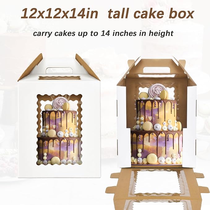 3 Pack 12x12x14Inch Tall Cake Boxes for Tier Cakes,10in 12in Tall Cake Carrier, Large Tiered Cake Box, Layer Cake Box, large cake box,Durable White Bakery Box