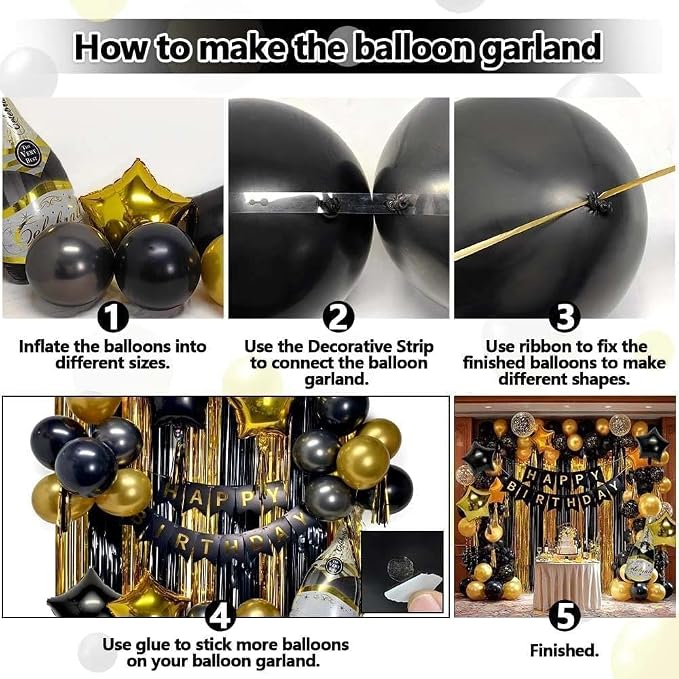 Black Gold Birthday Party Balloon Kit,Happy Birthday Banner Fringe Curtains Gold Black Star Wine Bottle Foil Balloon Garland for Men Women Party Decorations